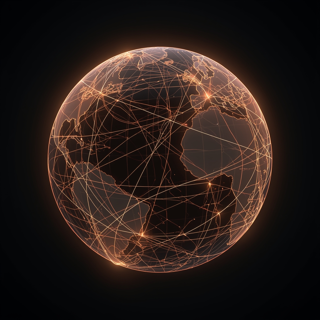 A futuristic digital globe with glowing interconnected network nodes representing global market expansion, dark background, 3d render, octane render --v 5.2 (Do not include woman image)